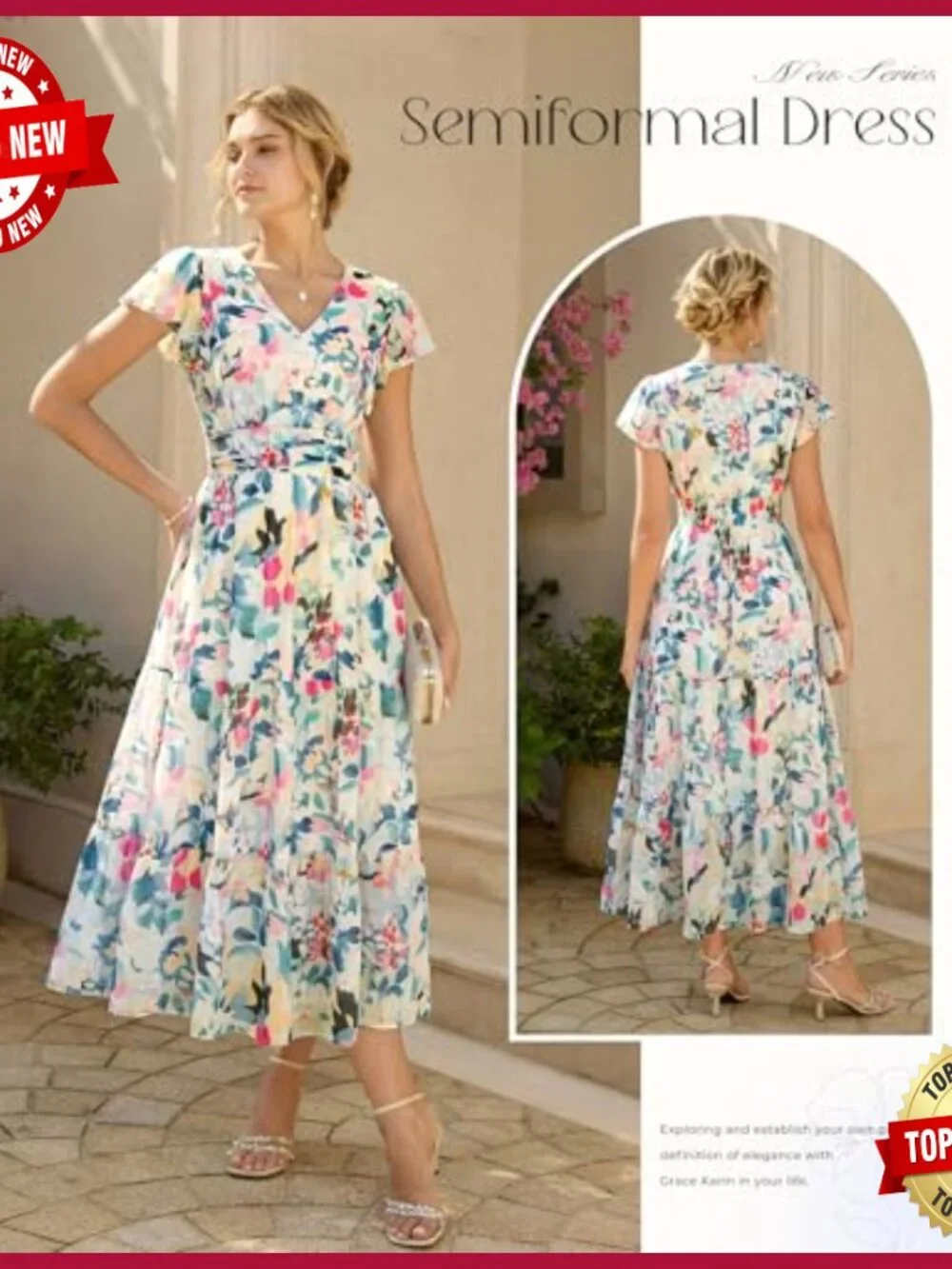 Maxi Dress with Pockets, V-Neck, Zipper Closure, Summer Formal Wear - Picture 2 of 7